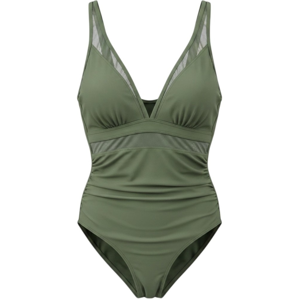 Olive Green One Piece Swimsuit Mesh Ruched V-Neck Swimwear Large /#26612